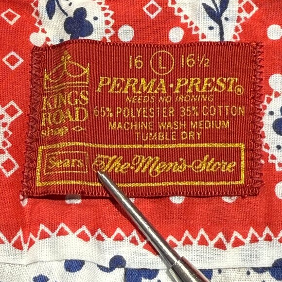 Vintage 70s Kings Road Mens Perma-Prest Short Sleeve Shirt Size M Red/Blue - Picture 5 of 8